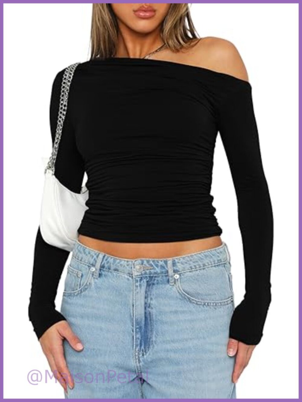 Women's Off Shoulder Ruched Slim Fit Crop Top Long Sleeve Y2K Blouse
